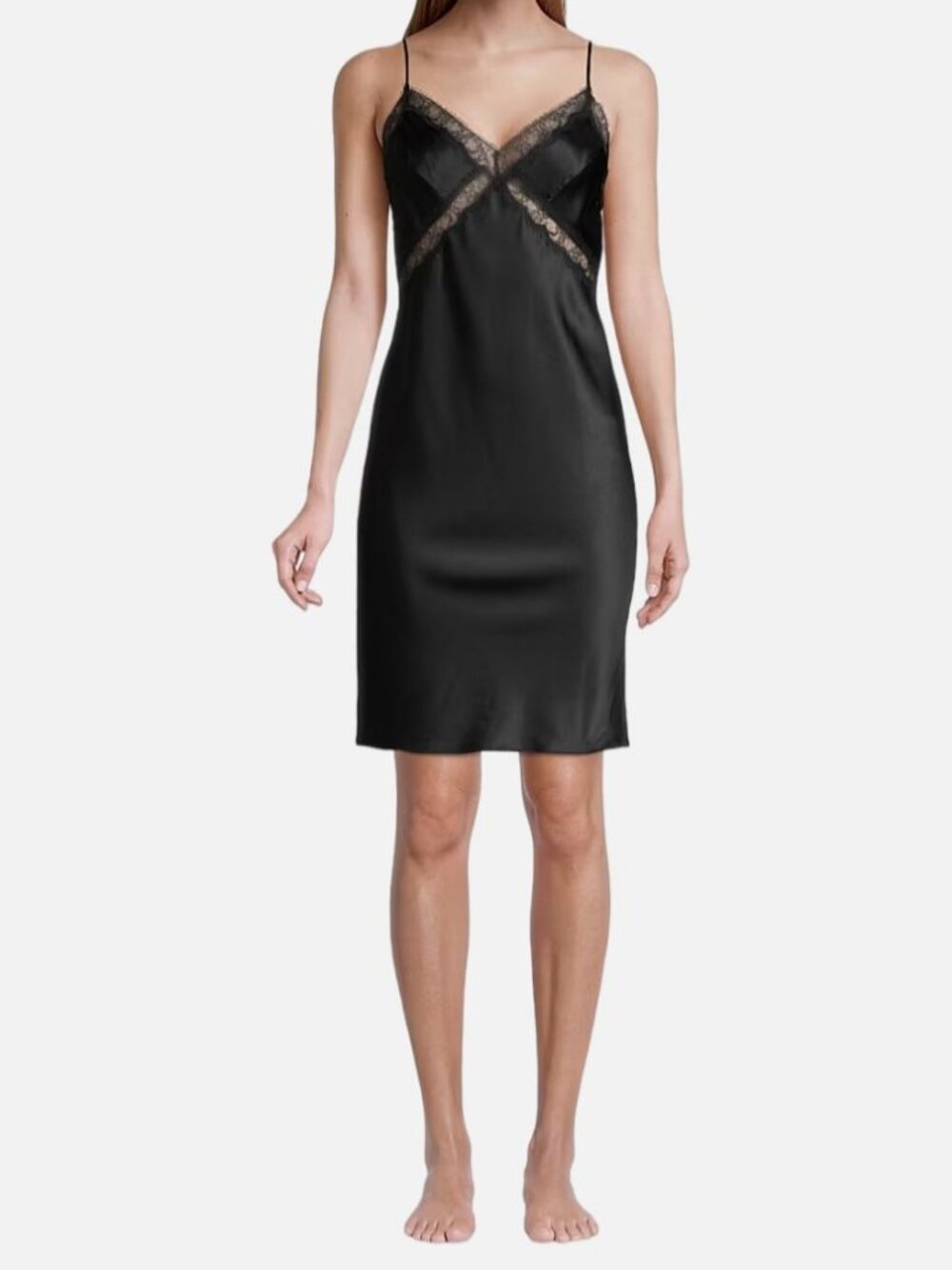 Kiki De Montparnasse Women's Black Silk Lace Inset V-Neck Slip Dress Size M